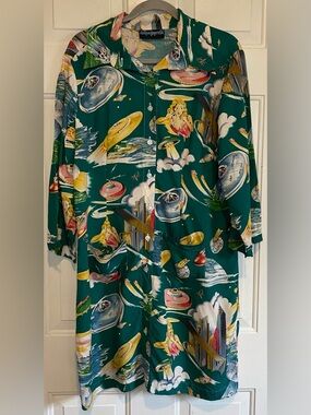 Clothes Gone Wild 100% Cotton Large Alien Hawaiian UFO Shirt Dress Button Vtg